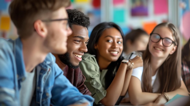 Group of diverse students smiling and looking engaged in a classroom setting