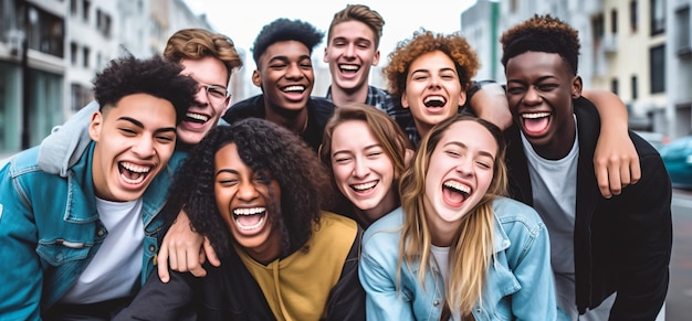 A group of diverse teenagers laughing together