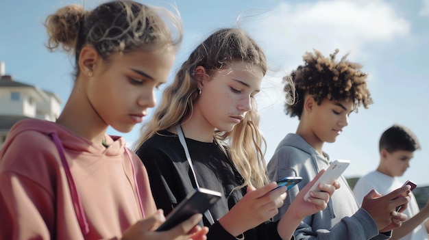 Photo group of diverse teenagers looking at their phones