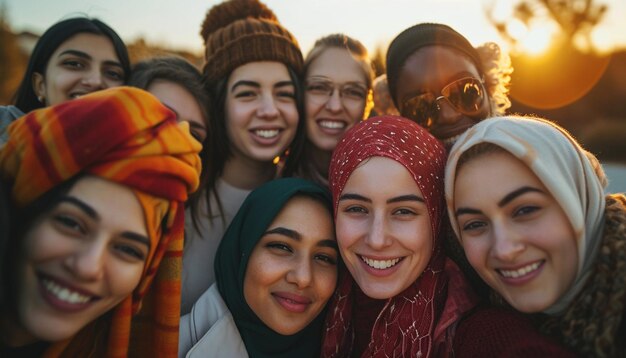 a group of diverse women Caucasian Hispanic Black MiddleEastern celebrating Womens Day outdoo