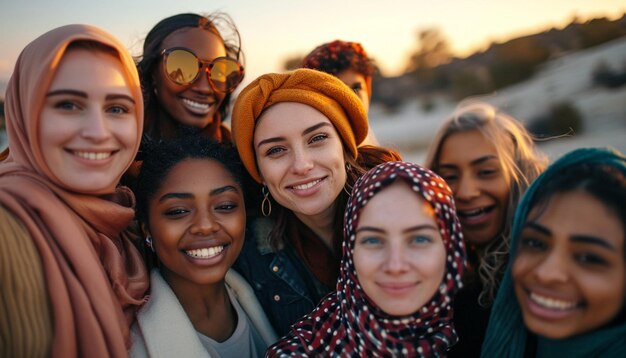 a group of diverse women Caucasian Hispanic Black MiddleEastern celebrating Womens Day outdoo