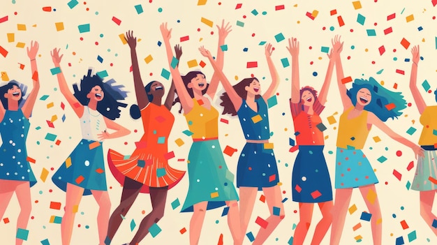 A group of diverse women celebrate with confetti falling