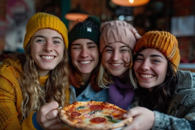 Photo a group of diverse women sitting on the couch and eating pizza together