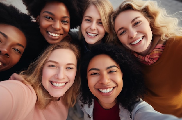 A group of diverse women smiles together showcasing friendship and joy in an outdoor setting