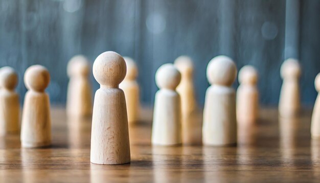 Group of diverse wooden figurines in a line symbolizing unity teamwork and community in social ga