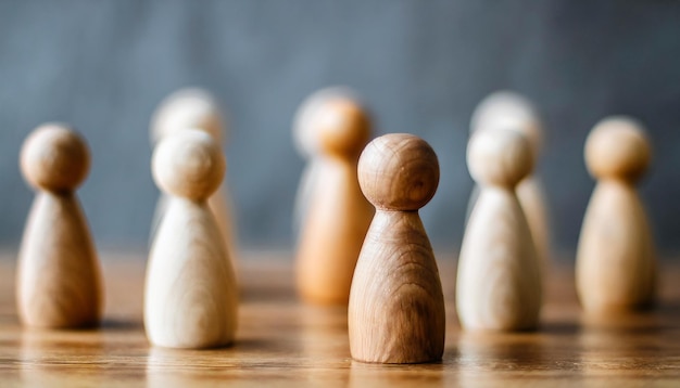 Group of diverse wooden figurines in a line symbolizing unity teamwork and community in social ga