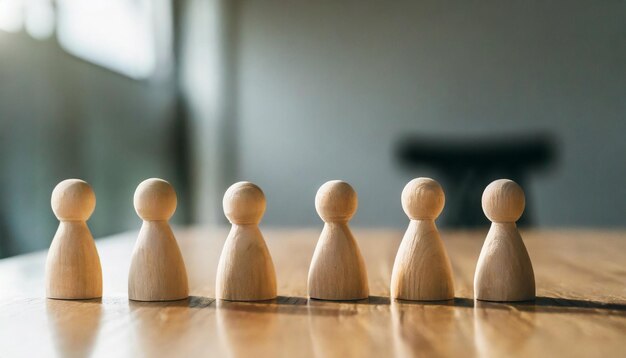 Group of diverse wooden figurines in a line symbolizing unity teamwork and community in social ga