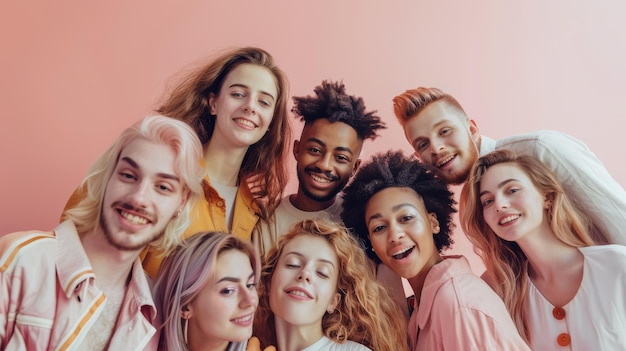 Group of diverse young adults with a friendly embrace Studio portrait with pink background