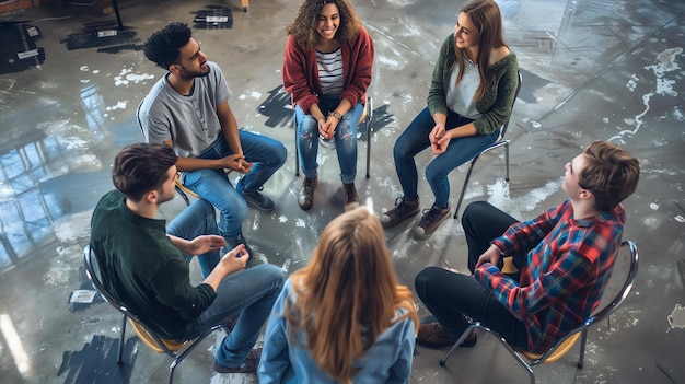 Photo a group of diverse young people are sitting in a circle having a group therapy session they are all smiling and talking to each other