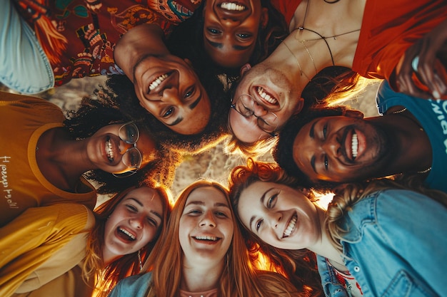 Group of diverse young people forming a circle and smiling