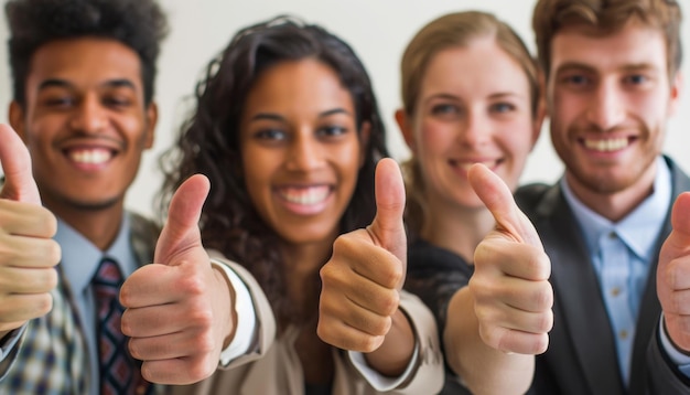 A group of diverse young professionals giving thumbs up