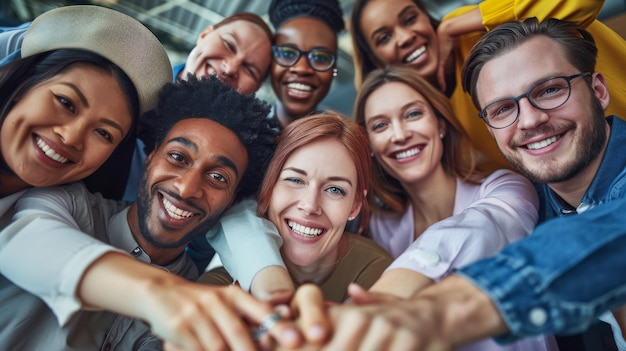 A group of diverse young professionals smiling and embracing showing unity and happiness