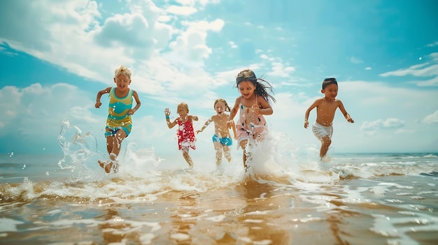 Group of Diversity little child boy and girl friends running and playing in sea wate Generative AI