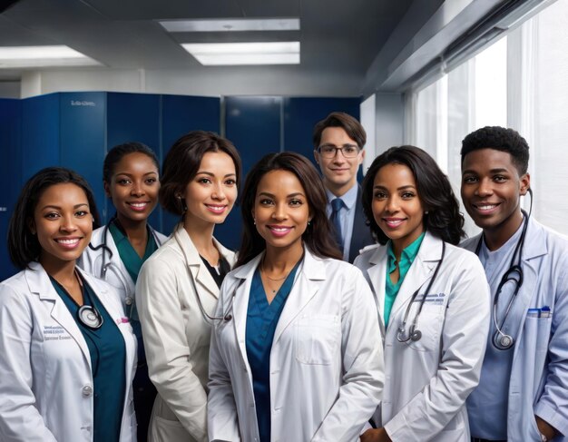 a group of doctors are posing for a photo in a hospital