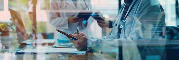 Photo a group of doctors collaborate and discuss patient care while using technology the image symbo