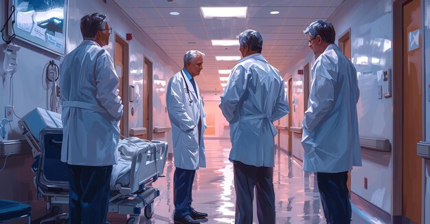 Group of doctors discussing in a hospital corridor with medical equipment in the background