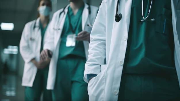 A group of doctors in green scrubs stand in a line.