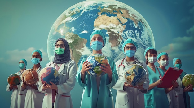 Photo a group of doctors holding hands with a world map in the background