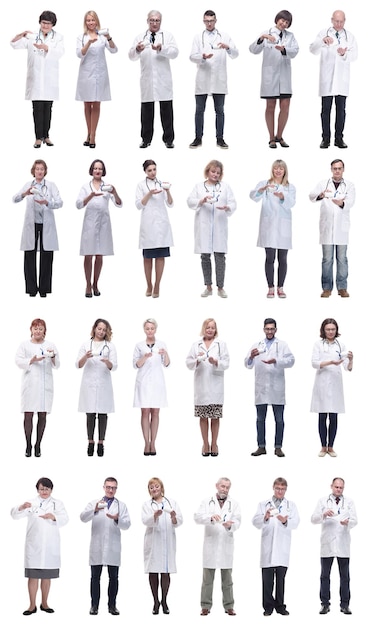 Group of doctors holding jar isolated on white