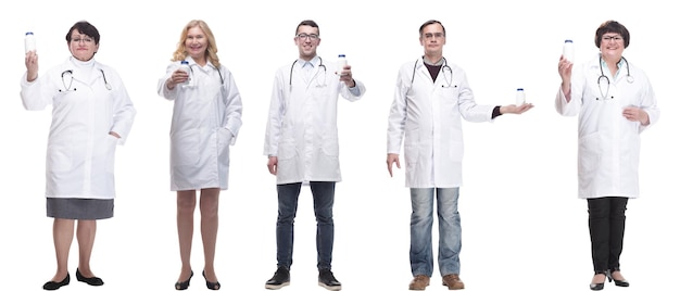 Group of doctors holding jar isolated on white