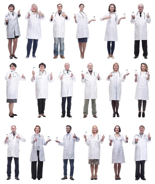 Group of doctors holding jar isolated on white