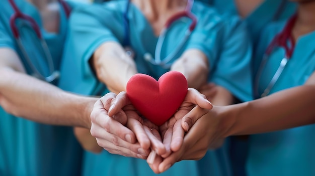 Photo a group of doctors holding a red heart in their hands the doctors are wearing blue scrubs and stethoscopes the image is taken from a closeup angle