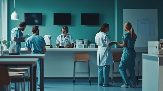 Photo a group of doctors in a hospital room with a blue wall