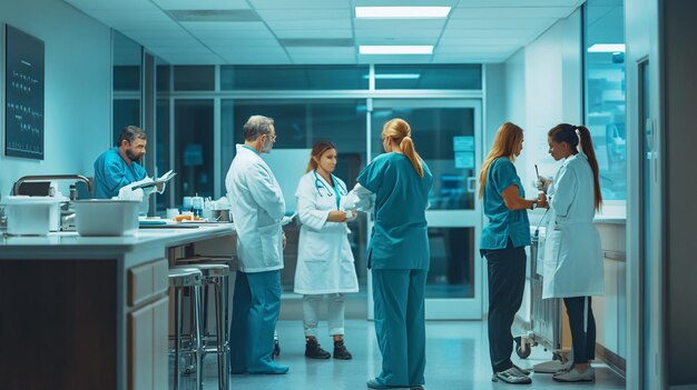 Photo a group of doctors in a hospital with a doctor in the background