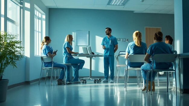 Photo a group of doctors in a hospital with one of them wearing blue scrubs