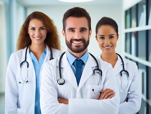 A group of doctors looking at the camera and smiling while standing in hospital