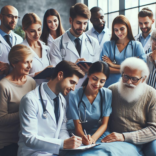 Photo a group of doctors and a man are sitting together