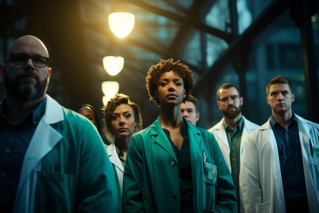 A group of doctors in a movie style stands