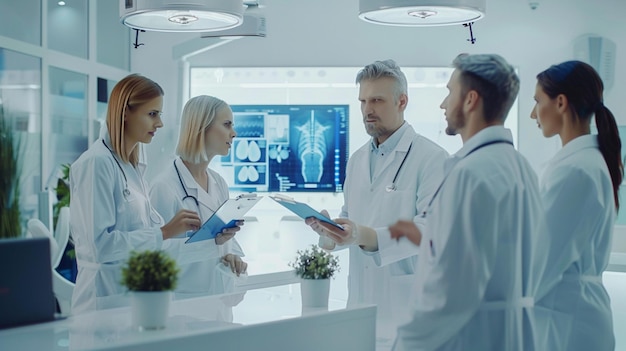 A group of doctors and nurses are having a meeting in front of a large screen