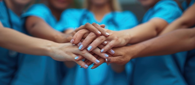 Group of Doctors and nurses coordinate hands