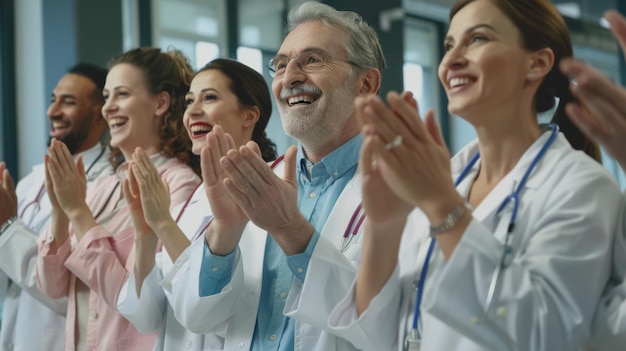 Photo a group of doctors and nurses stand in a row smiling and clapping exuding a sense of teamwork and accomplishment in a bright modern hospital