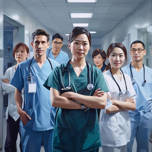 Group of doctors and nurses standing together in a hospital corridor Medical concept