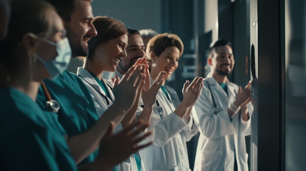 Photo a group of doctors in scrubs and lab coats are applauding and smiling warmly showcasing appreciation and teamwork in a medical environment