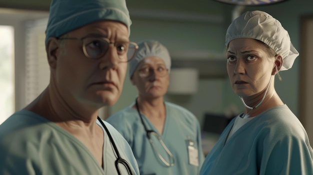 A group of doctors in surgical scrubs and caps looking intently into the camera in a hospital operating room exuding a serious and focused vibe