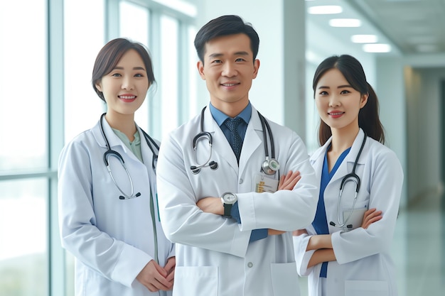 A group of doctors in white coats stand in a hospital corridor.