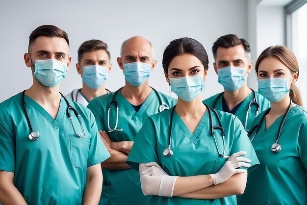 Group of doctors with face masks looking at camera corona virus concept