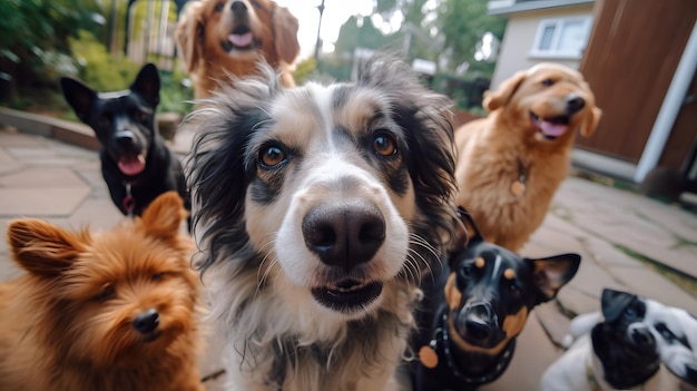 A group of dogs are gathered in front of a house.