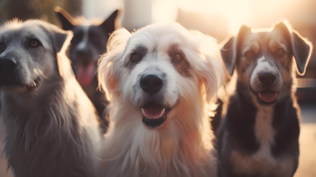 A group of dogs are gathered together in front of a sunset.