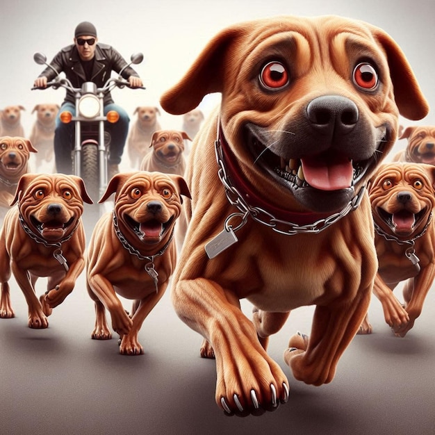 a group of dogs are running in a line with one being a man on a motorcycle