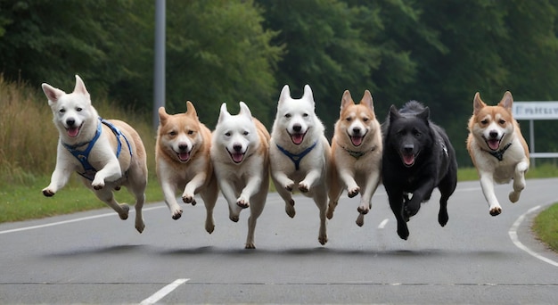 Photo a group of dogs are running in a line with one of them has a blue collar