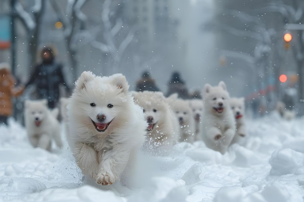 a group of dogs are running in the snow