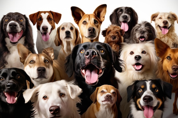 A group of dogs are shown on a white background.