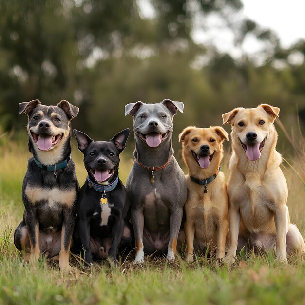 Photo a group of dogs are sitting in a field with one of them has a tag on it that sayss dog