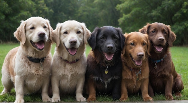 Photo a group of dogs are sitting in a line with one of them has a tag that says quot dog quot