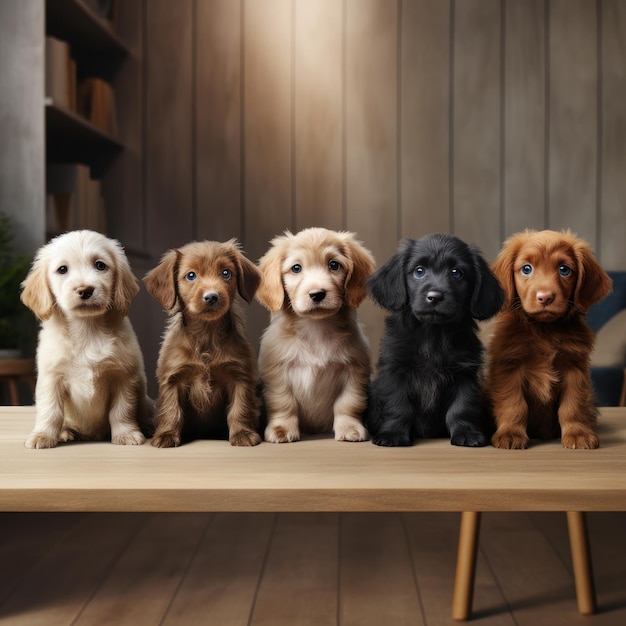 a group of dogs are sitting on a table with one of them has a brown one on the back