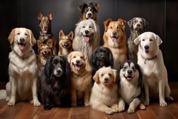 A group of dogs are sitting together in front of a black background.